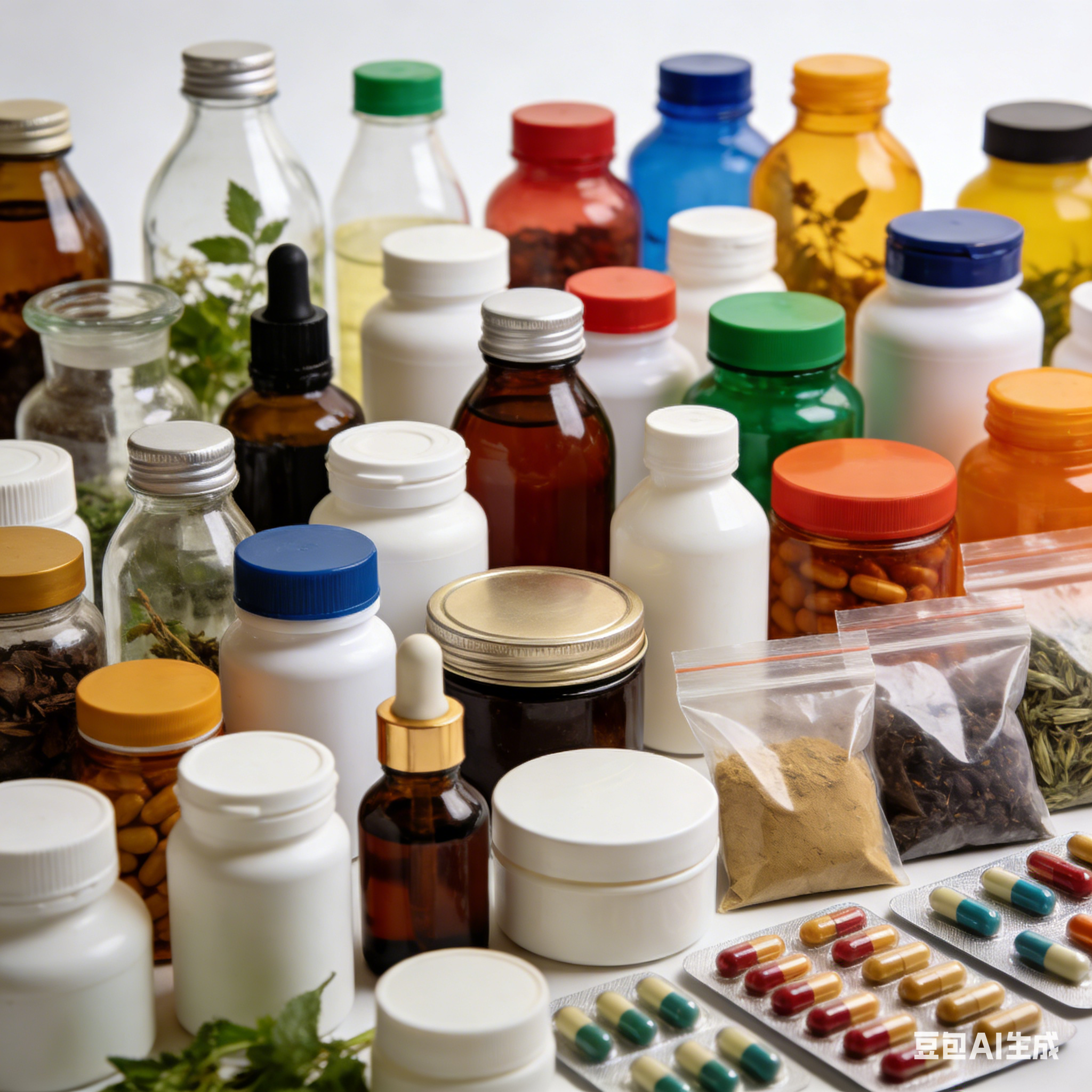Supplement bottles, jars, sachets, capsules and herbal packaging references